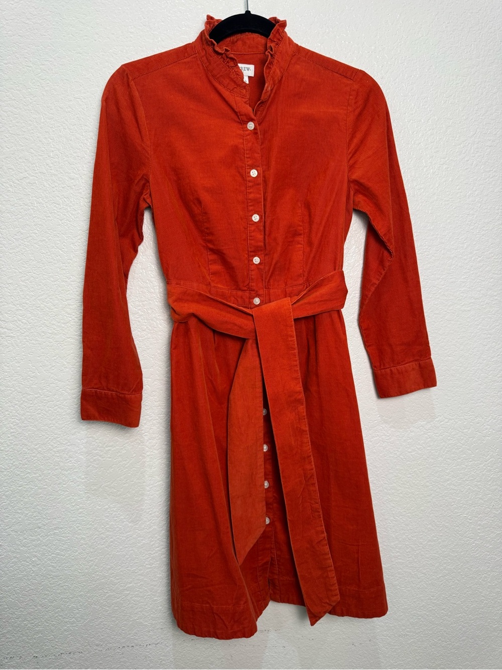 J.Crew Womens 0 Orange Corduroy Shirt Dress Ruffle Collar Belted 100% Cotton - Picture 2 of 10